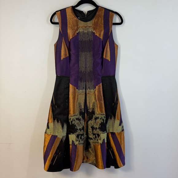 Dennis Merotto Purple Gold Silk Blend Dress Size 8 Abstract Sleeveless Art Dress - Picture 2 of 12